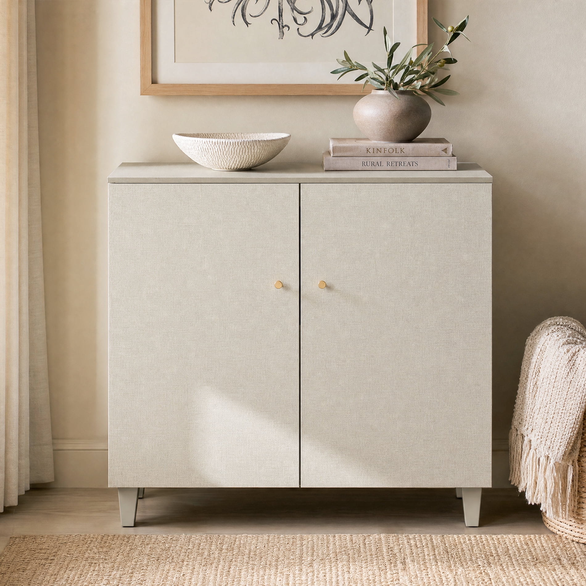 Large Bedside Table with Cabinet and 2 Doors, Wood Nightstand for Bedroom, Beige Gray