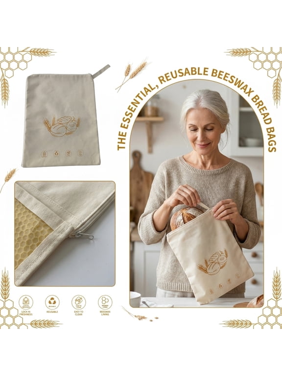 Large Beeswax Lined Bread Bag for Sourdough (17x13") - Double-Layer Reusable Food Storage with Airtight Zipper, Moisture-Lock Keeper Keeps Bread Fresh Longer, Eco-Friendly Design