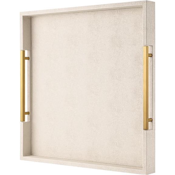 Large Beige Faux Leather Serving Tray with Handles, Decorative Tray for Coffee Table, Ottoman, or Bathroom