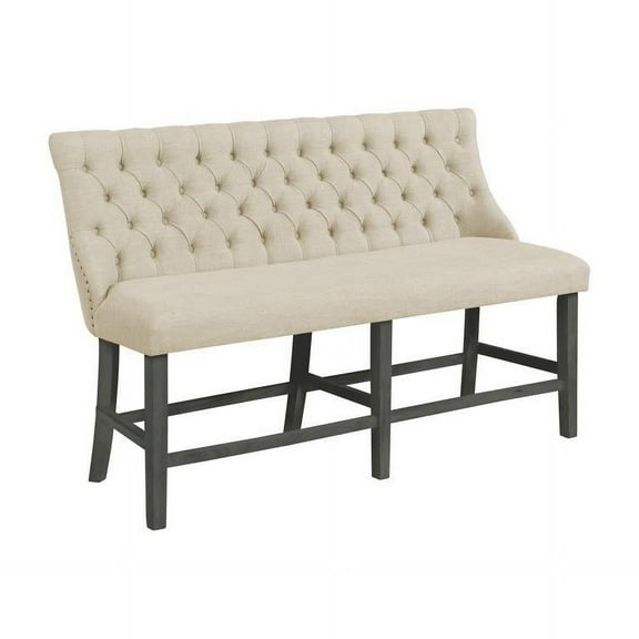 Large Beige Linen Fabric Counterheight Dining Bench in Gray Oak Wood