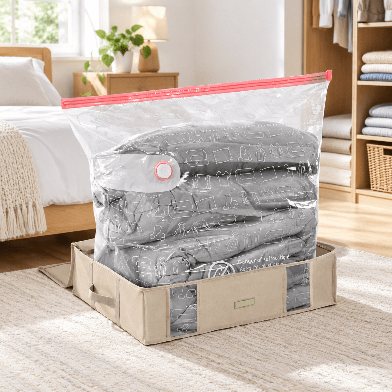 Somi Rigid Large Beige Vacuum Storage Bag Semi-Rigid Closet Organizer, 145L ...