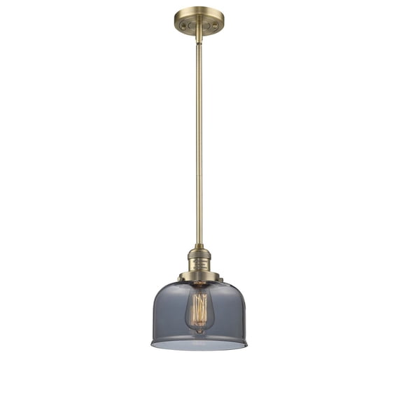 Large Bell Brushed Brass 10-Inch LED Mini Pendant with Smoked Dome Glass