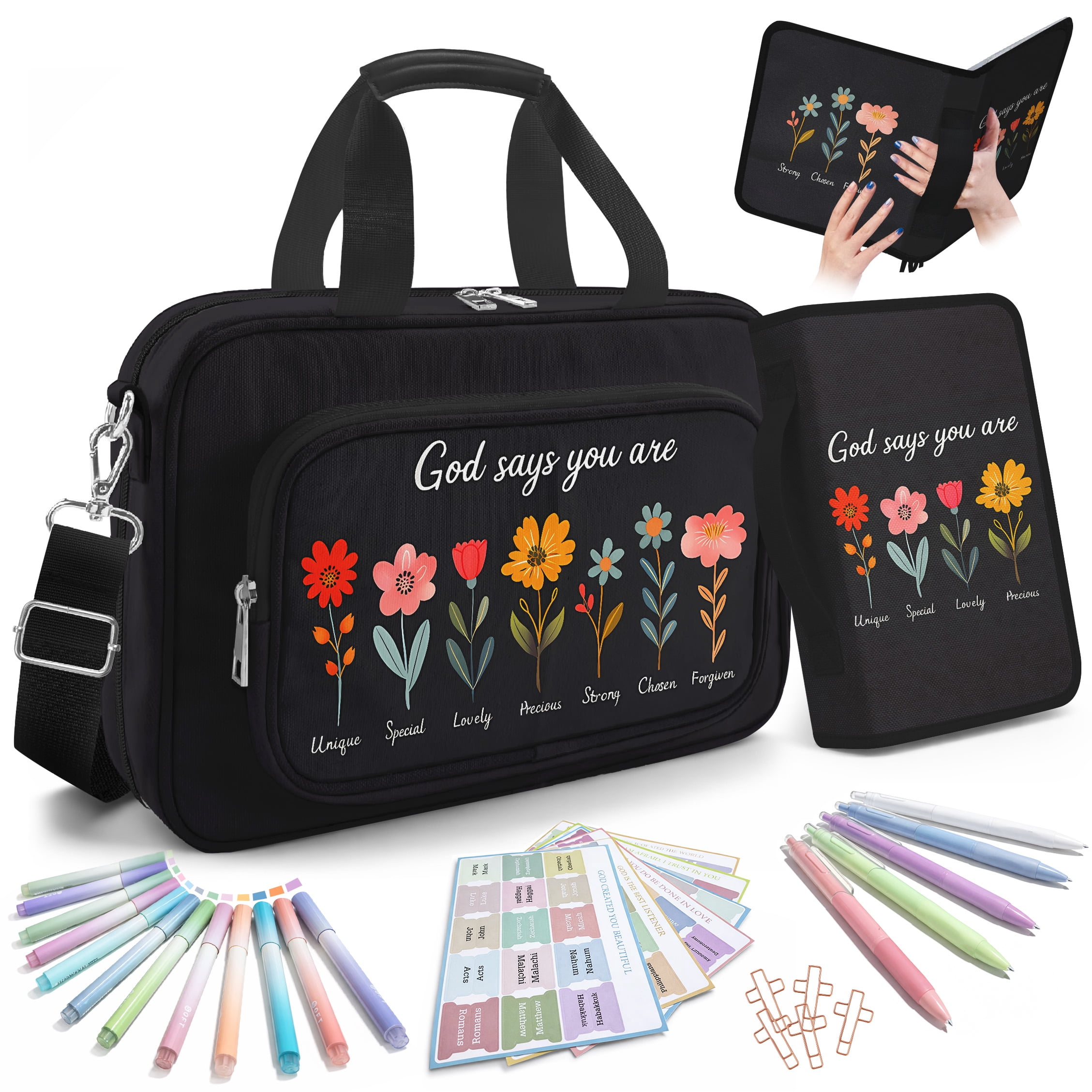 Large Bible Bag with Bible Cover Case for Women, Bible Cover Study Supplies Bible Journaling Kit Book Carrying Case with Bible Highlighters Tabs, Christian Gift for Women - Black