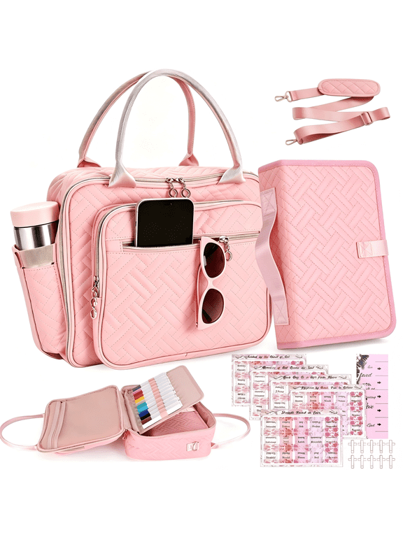 Large Bible Tote Bags with Bible Cover Case for Women, Quilted Carrying Case with Handles Shoulder Strap, Bible Study Supplies Accessories Christian Gifts for Women Mom Teacher (Pink)