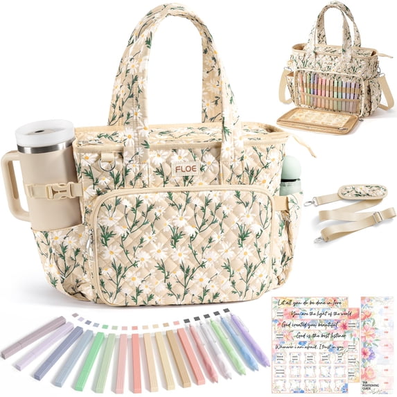 Large Bible Handbags for Women, Quilted Puffy Bible Tote Bag with Shoulder Strap, Church Bag for Bible Study Supplies Journaling Kit, Mothers Day Christian Gift for Women, Beige Daisy