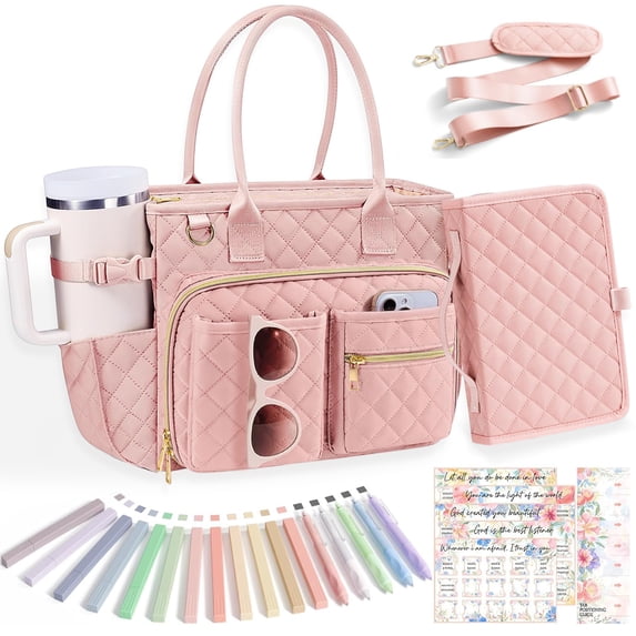 Large Bible Tote Bags with Bible Cover Case for Women, Quilted Carrying Case with Handles Shoulder Strap, Bible Study Supplies Accessories Christian Gifts for Women (Pink)