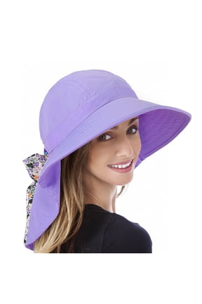 Large Bill Neck Flap Women Hat UPF 50+ Wide Brim UV Protection With Ribbon Adjusta Drawstring Purple