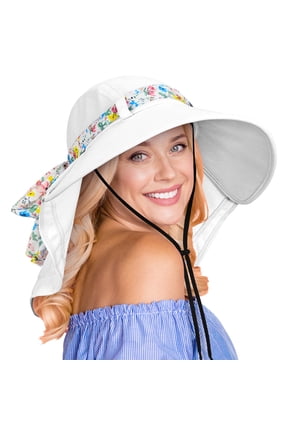 Large Bill Neck Flap Women Sun Hat UPF 50+ Wide Brim UV Protection With Ribbon Adjustable Drawstring White