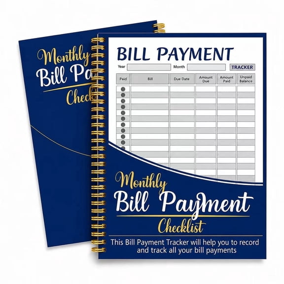 gleaminglife Monthly Bill Payment Tracker Notebook, Large 8.43 x 11.02, Gold Spiral, Deep Blue Bill Organizer & Expense Log