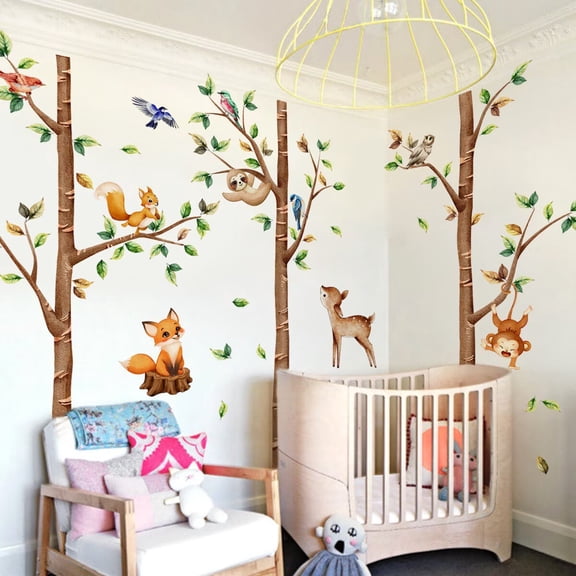 Large Birch Tree Forest Animals Wall Stickerstree wall decals Squirrel Fox Deer Wall Decals Peel and Stick Baby Nursery Toddler Bedroom Living Room Wall Decor(H: 70.8inches/ 180cm)