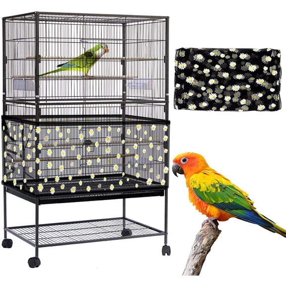 Large Bird Cage Cover, Bird Cage Seed Catcher, Adjustable Soft Airy Nylon Mesh Net, Birdcage Cover Skirt Seed Guard for Parrot Parakeet Macaw African Round Square Cages (Black)
