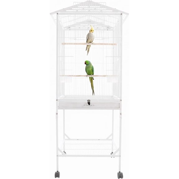Large Bird Cage, Movable Bird Flight Cages with Wheels 4 Feed Windows Slide-Out Tray, Panorama Bird Aviary 18.11x18.11x49.21in for Parrot, Parakeets, Budgerigars(White )