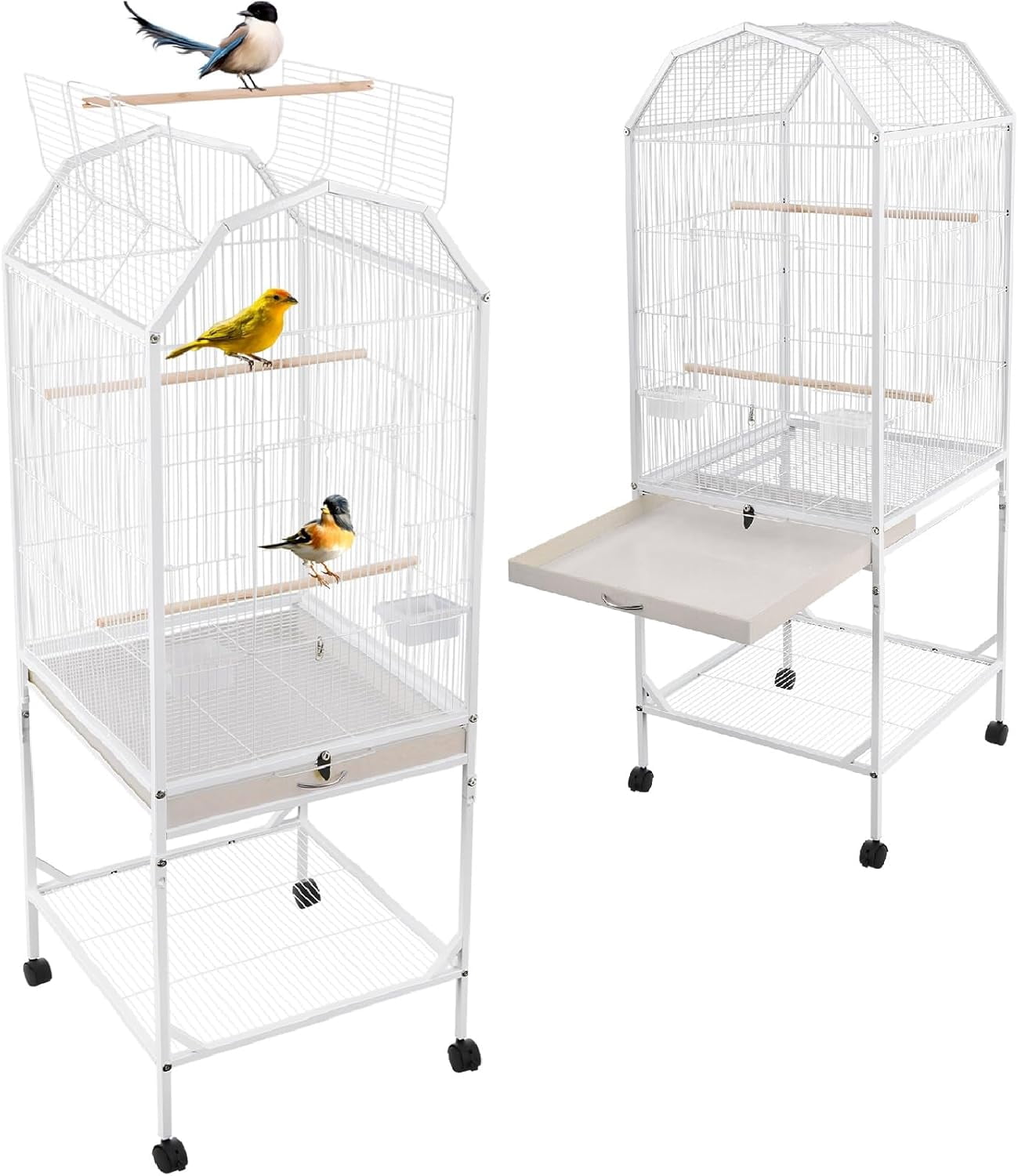 Large Bird Cage, Movable Pet Bird Flight Cages with Wheels, Wooden Perches, Slide-Out Tray, Panorama Bird Aviary with Stand 18.11x18.11x53.54in for Parrot, Sparrow, Budgerigars (White Style1)