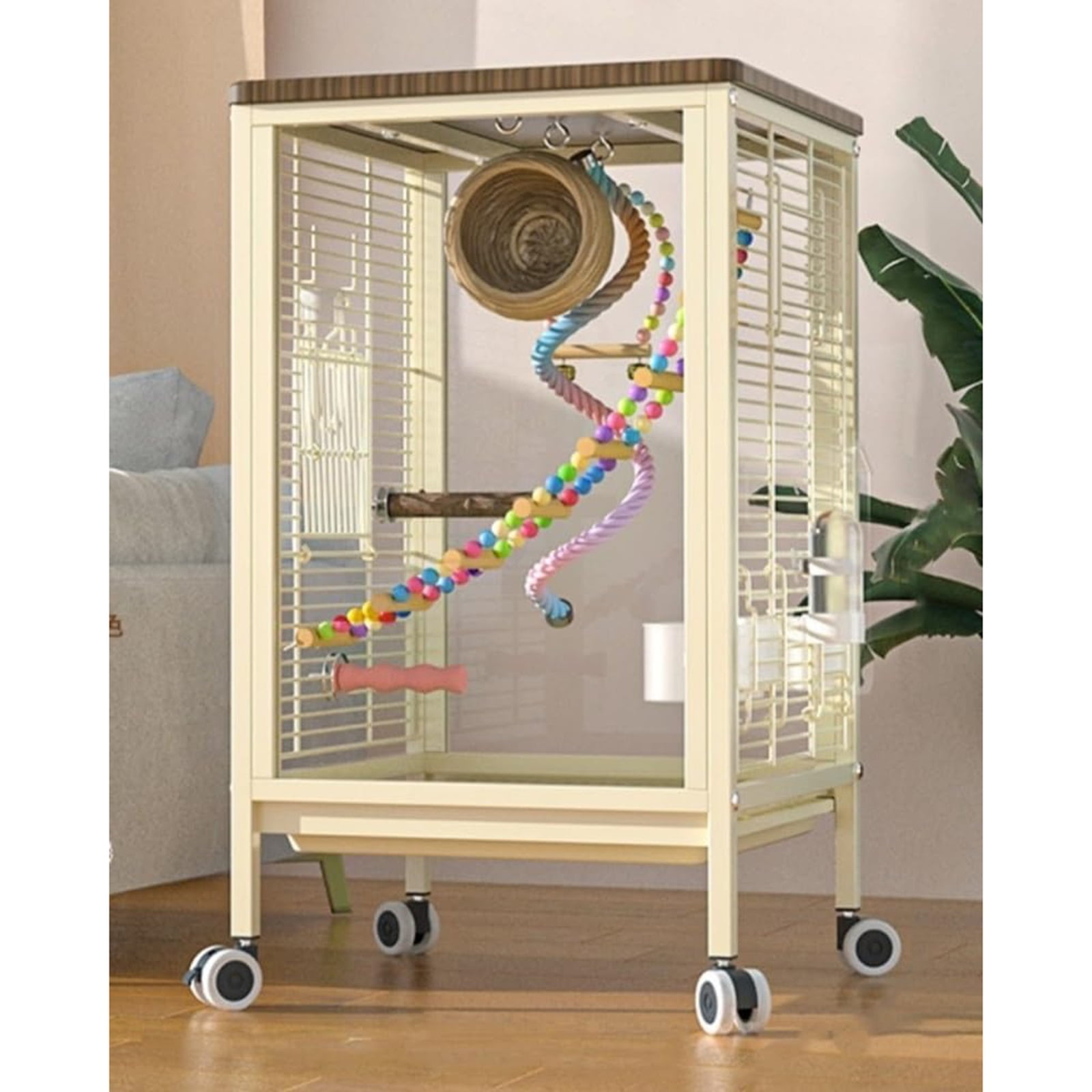Large Bird Cage for Parrots, with Acrylic Doors & 4 Casters, Rolling Bird Cage with Acrylic Panel Birdcage Includes Perch/Feeder/Swing/Detachable Drawer with Bird Feeders