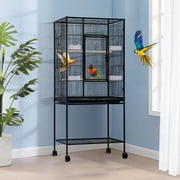Large Bird Cage   Spacious with Rolling Stand and Storage, Flight Cage for Parrots, Parakeets, Cockatiels, Conures, Lovebirds   Black Aviary with Feed Bowls   for Medium and Large Birds