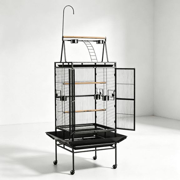 Large Bird Cage for Parrots with Open Top, Rolling Stand, and Easy-Clean Tray for Home Use