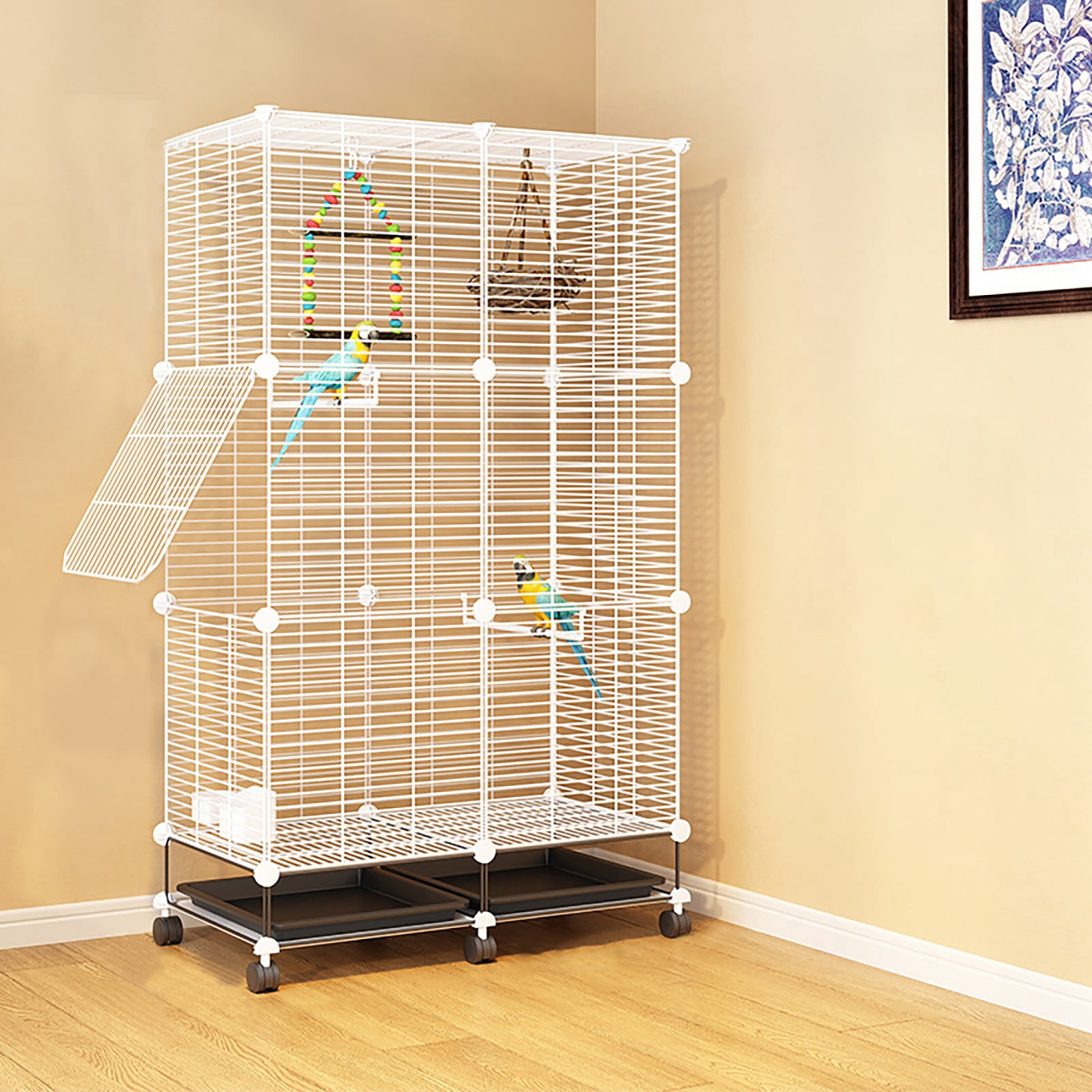 Large Bird Cages, 29.5x14.6x49.2 Inch Iron Mesh Aviary with Stand & Rolling Wheels, 3-Story Easy Assembly Breeding Cage for Parrot Canary Lovebird Finch, Removable Tray & Feeder