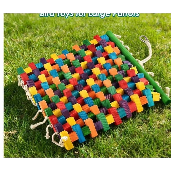Large Bird Colorful Wooden Toy, 24.4 x 12.2 in Hanging Parrot Cage Toy, Multicolored Wood Block Chew Wall with Metal Hook & Hemp Rope for Macaws, African Greys, Cockatoos
