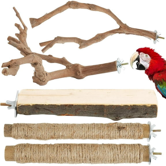 Large Bird Perch Stand, 5 PCS Natural Wood Bird Perch Set with Rope & Platform for Macaw African Parrot Cage Accessories