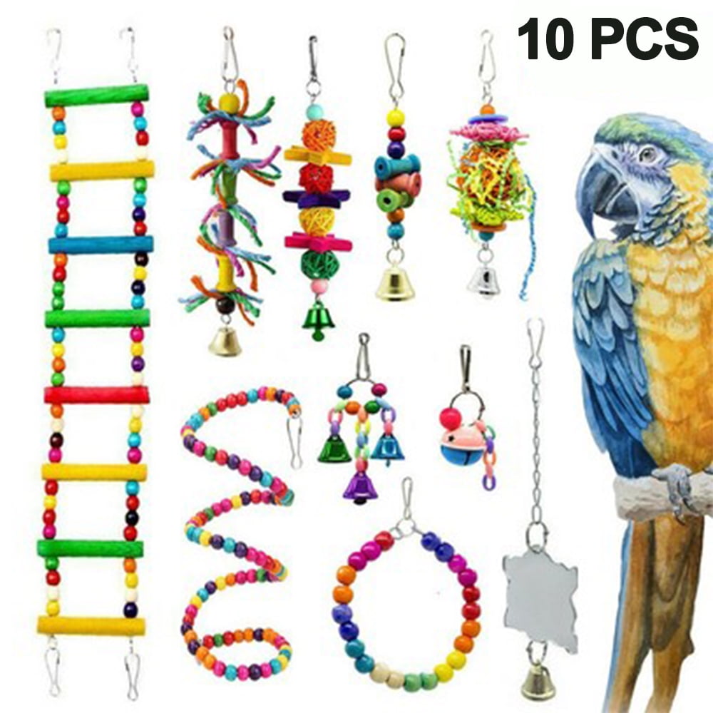Large Bird Swing Toys, Big Parrots Chewing Natural Wood with Bells Toys