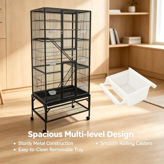 Large Birdcage 69.5 Inch Tall, Bird Enclosure with Removable Grid Dividers & Slide-Out Tray, Flight Cage with 4 Wooden Perches & 6 Feeding Cups for Breeding Birds.k