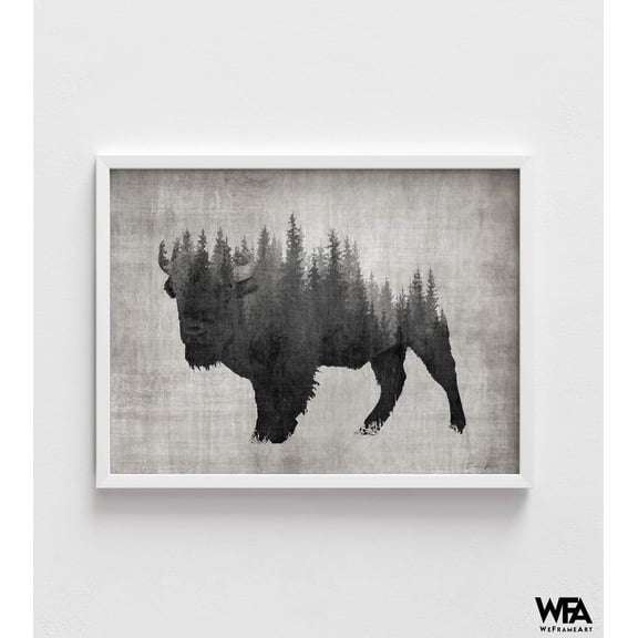 Large Bison Art Print, Framed Abstract Forest Print, American Bison Print,Steppe Bison Art,Cowboy Wall Art,Dark Forest Print,Framed Wall Art