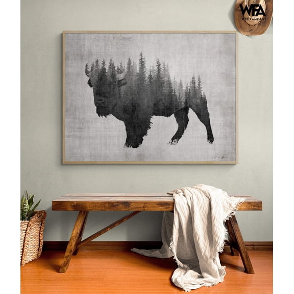 Large Bison Art Print, Framed Abstract Forest Print, American Bison Print,Steppe Bison Art,Cowboy Wall Art,Dark Forest Print,Framed Wall Art