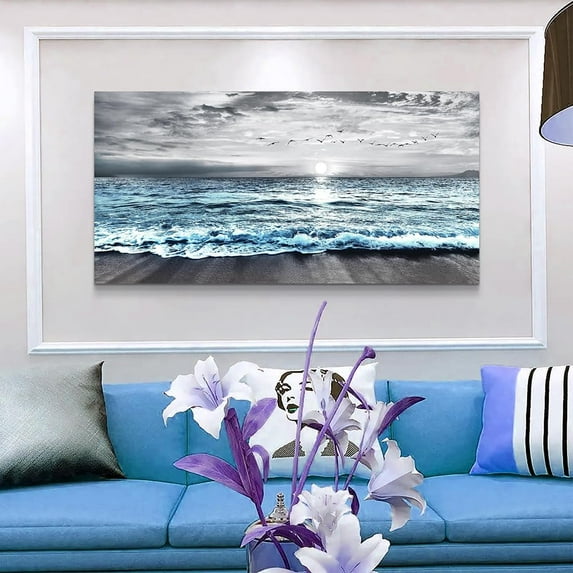 Large Black And White Canvas Wall Art With Blue Sea Wave - Modern Framed Beach Poster For Living Room, Bedroom, Office Decor