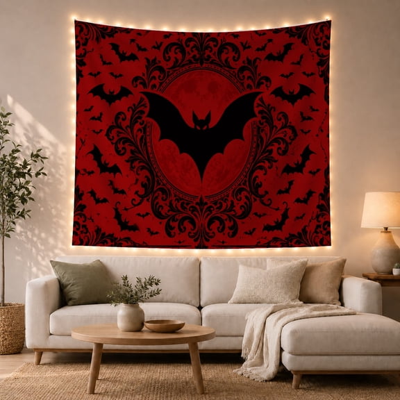 Large Black Bat Over Red Crest with Scrollwork, Dramatic Gothic for Dark Art Enthusiasts, Dark Fantasy Decor Halloween Gift Tapestry Wall Hanging for Bedroom and Dorm