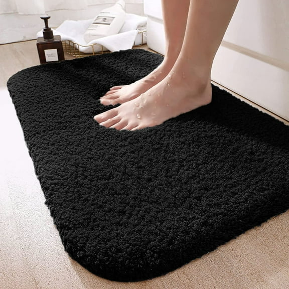 Large Black Bathroom Rugs, 16"×24" Absorbent Shaggy Shower Mat, Microfiber Bath Mats for Bathroom, Luxury Bathroom Floor Mats Rubber Back