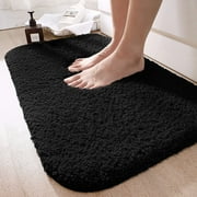 Large Black Bathroom Rugs, 16 24 Absorbent Shaggy Shower Mat, Microfiber Bath Mats for Bathroom, Luxury Bathroom Floor Mats Rubber Back