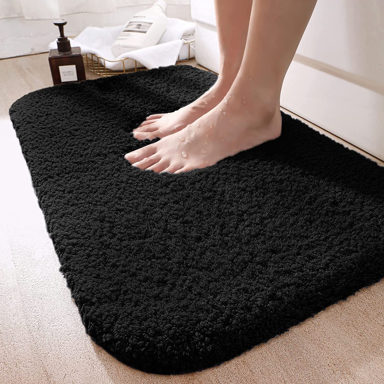 Large Black Bathroom Rugs, 24"×47" Absorbent Shaggy Shower Mat, Microfiber Bath Mats for ...