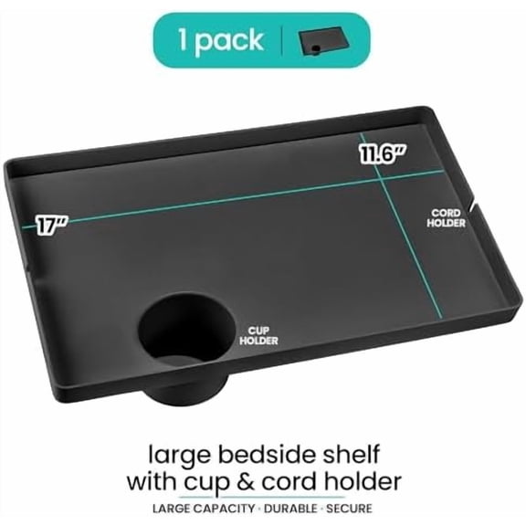 Large Black Bedside Shelf for Bed, 1 Count Clip On Nightstand with Cup Holder and Cord Holder, College Dorm Bunk Bed Shelf for Top Bunk or Kids Bedroom