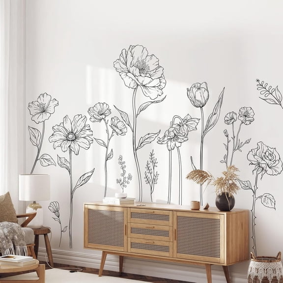 Large Black Boho Flower Wall , 3 Sheets Simple Sketch Floral Wall Stickers Peony Wildflower Peel Stick Wall Art Decor Bedroom Room Office Garden Hall Adult Gifts for Mom(11.8x35.4 in/Sheet)