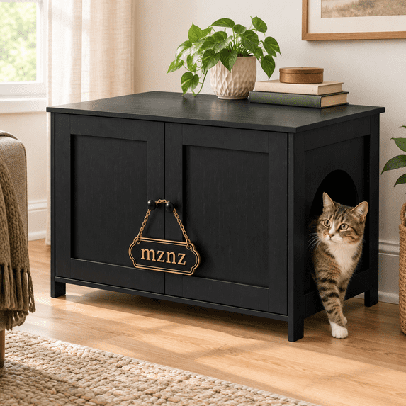 Large Black Cat Litter Box Enclosure Furniture, Pet-Safe Enclosed ...