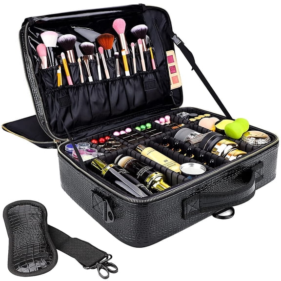 Large Black Crocodile Pattern Makeup Case Travel Organizer