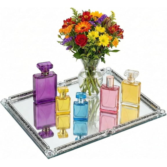 Large Black Crystal Glass Perfume Tray with Crushed Diamond Edges Mirror Surface 15.7 x 11.8 x 1.4 Inches