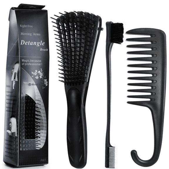 Large Black Detangling Brush for Curly Afro Thick Wavy Hair Wet and Dry Brush + Detangling Comb Edge Brush