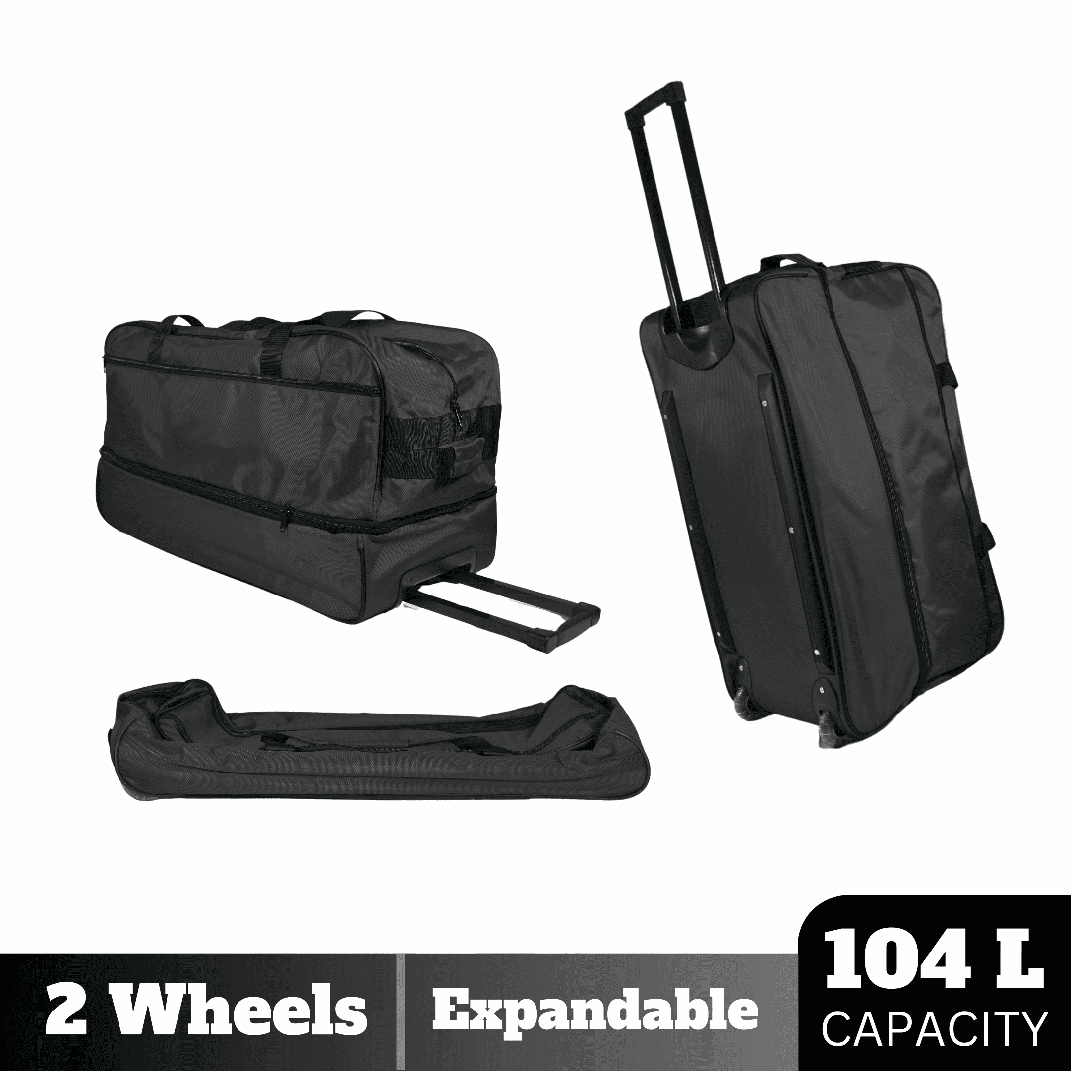 Large Black Duffel Bag with Wheels, Collapsible Handle, and Expandable Design – Foldable Travel Bag Black