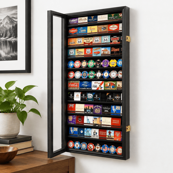 Large Black Finish Rectangle Wooden Matchbook and Collectible Display Case