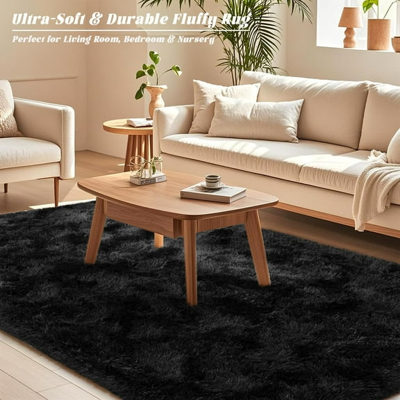 Large Black Fluffy Faux Fur Rug - 8x10 ft, Non-Slip Shag Carpet for Home Decor
