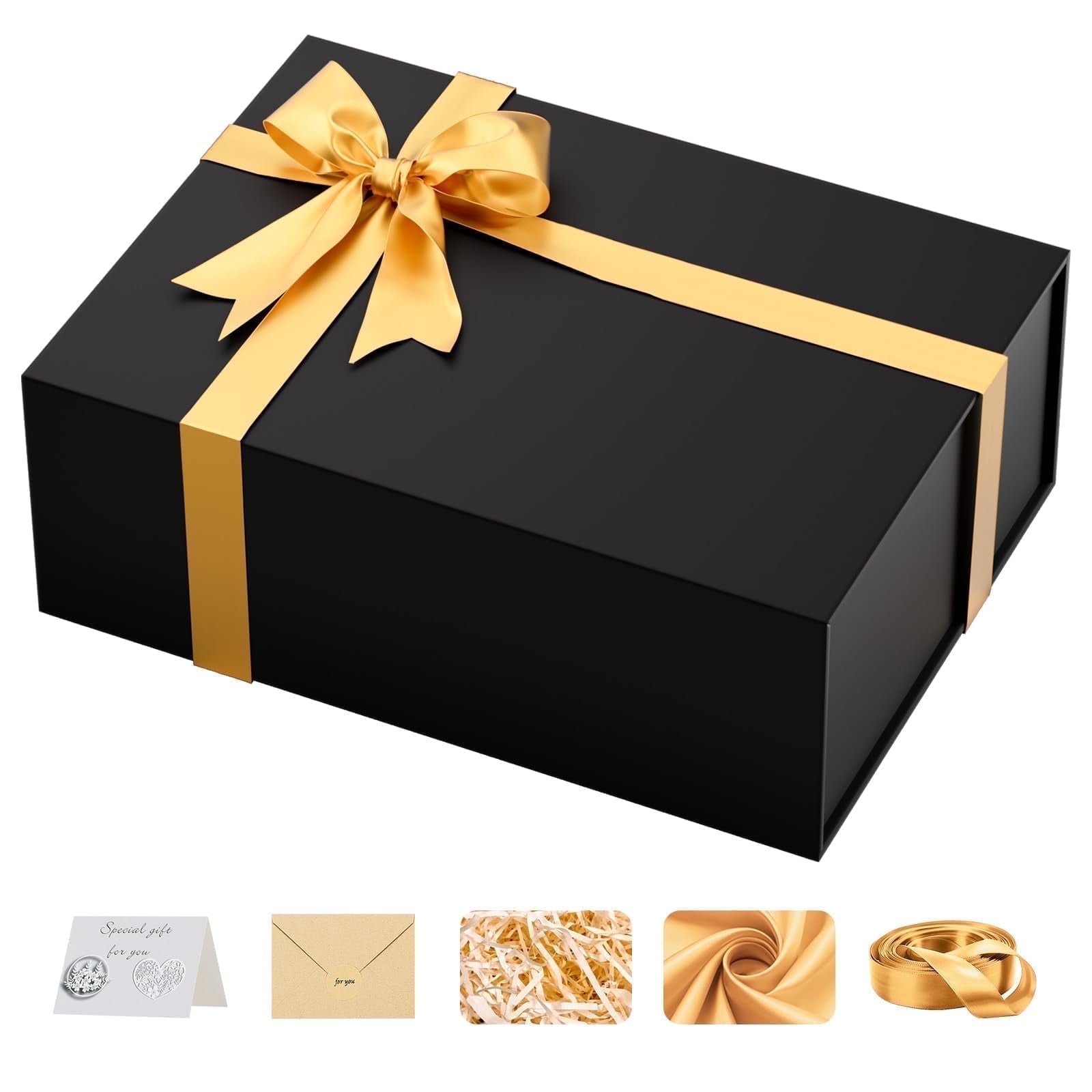 Large Black Gift Box with Lids: 13.5×10×5 inches Packaging with Magnetic Lid - Holds Christmas Birthdays Wedding Gifts - Ideal for Couples Friends Family (Black,Pack of 1)