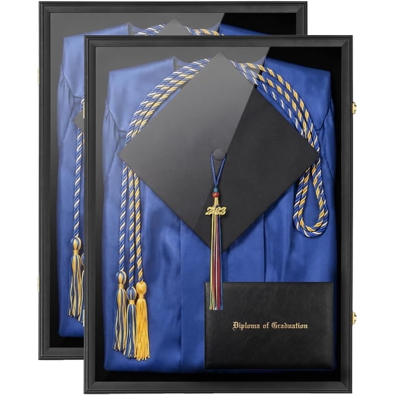 Large Black Graduation Shadow Box Frame (2 Pack), Wall Mounted Lockable Keepsake Display Case with UV-Protective Acrylic Door, Holds Cap, Gown, Diploma, Tassel, Medals & Memorabilia