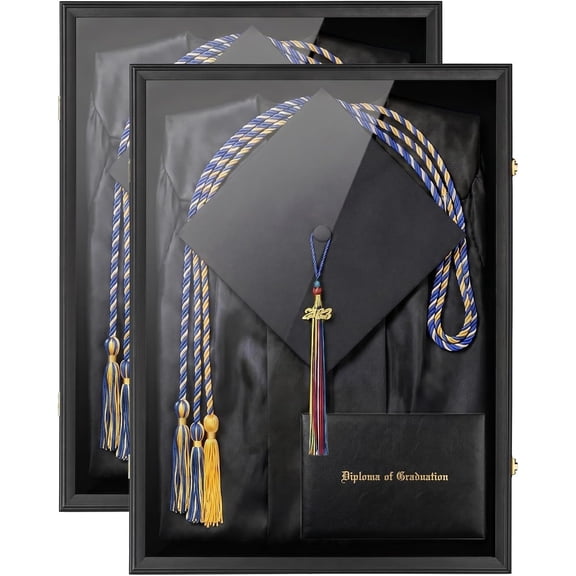 Large Black Graduation Shadow Box Frame 2P, Wall Mounted Lockable Keepsake Display Case with UV-Protective Acrylic Door, Holds Cap, Gown, Diploma, Tassel, Medals & All Graduation Memorabilia