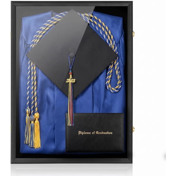 Large Black Graduation Shadow Box Frame, Wall Mounted Lockable Keepsake Display Case with UV-Protective Acrylic Door, Holds Cap, Gown, Diploma, Tassel, Medals & All Graduation Memorabilia
