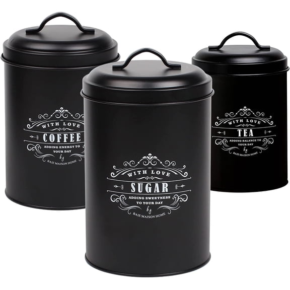 Large Black Kitchen Canisters Set of 3 - Farmhouse Canister Sets for Kitchen Counter - Coffee Tea Sugar Container Set - Rustic Kitchen Canisters for Countertop - Metal Kitchen Decor Jars