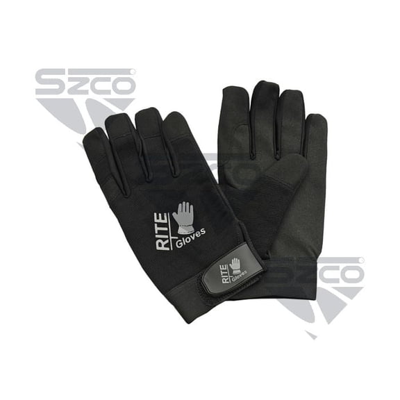 SZCO Black Leather Work Gloves Large Size, Synthetic Leather Palm, TPR Strap, Elastic Wrist Closure, Automotive & Industrial Work Gloves