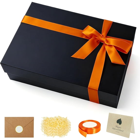 Large Black Magnetic Gift Box with Lid 13x9x4.3 Inch - Reusable Keepsake Box for Groomsmen Gifts, Wedding Proposal, Valentine's Day & Birthday - Includes Satin Ribbon, Gift Card & Paper Filler