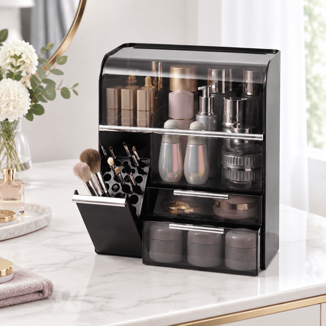 Large Black Makeup Display Case With Brush Holder For 40+ Beauty Items ...