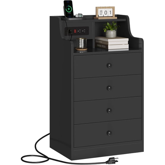 Large Black Nightstand with Charging Station, 4 Drawers & Hutch Top